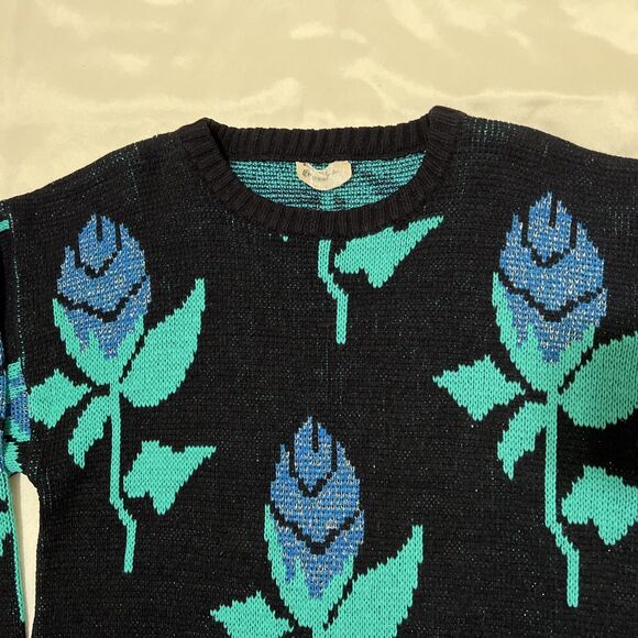 Vintage whimsigoth sweater black Turquoise floral ITALY Acrylic Oversized S - Picture 6 of 9